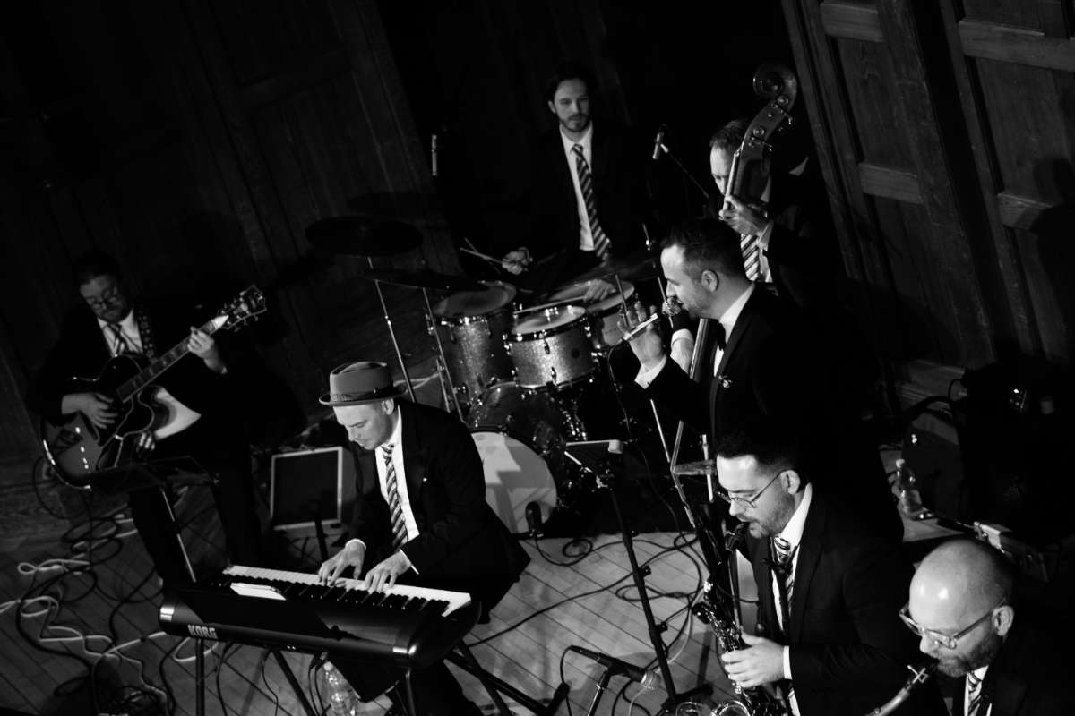Kennedy Swing Band horn section black and white